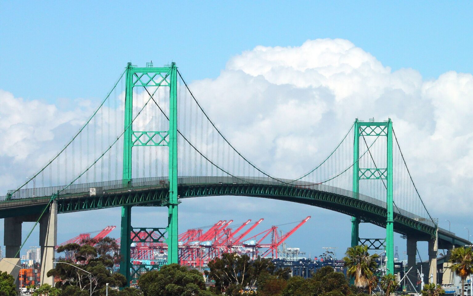 The green Vincent Thomas Bridge over the Port of Los Angeles in San Pedro